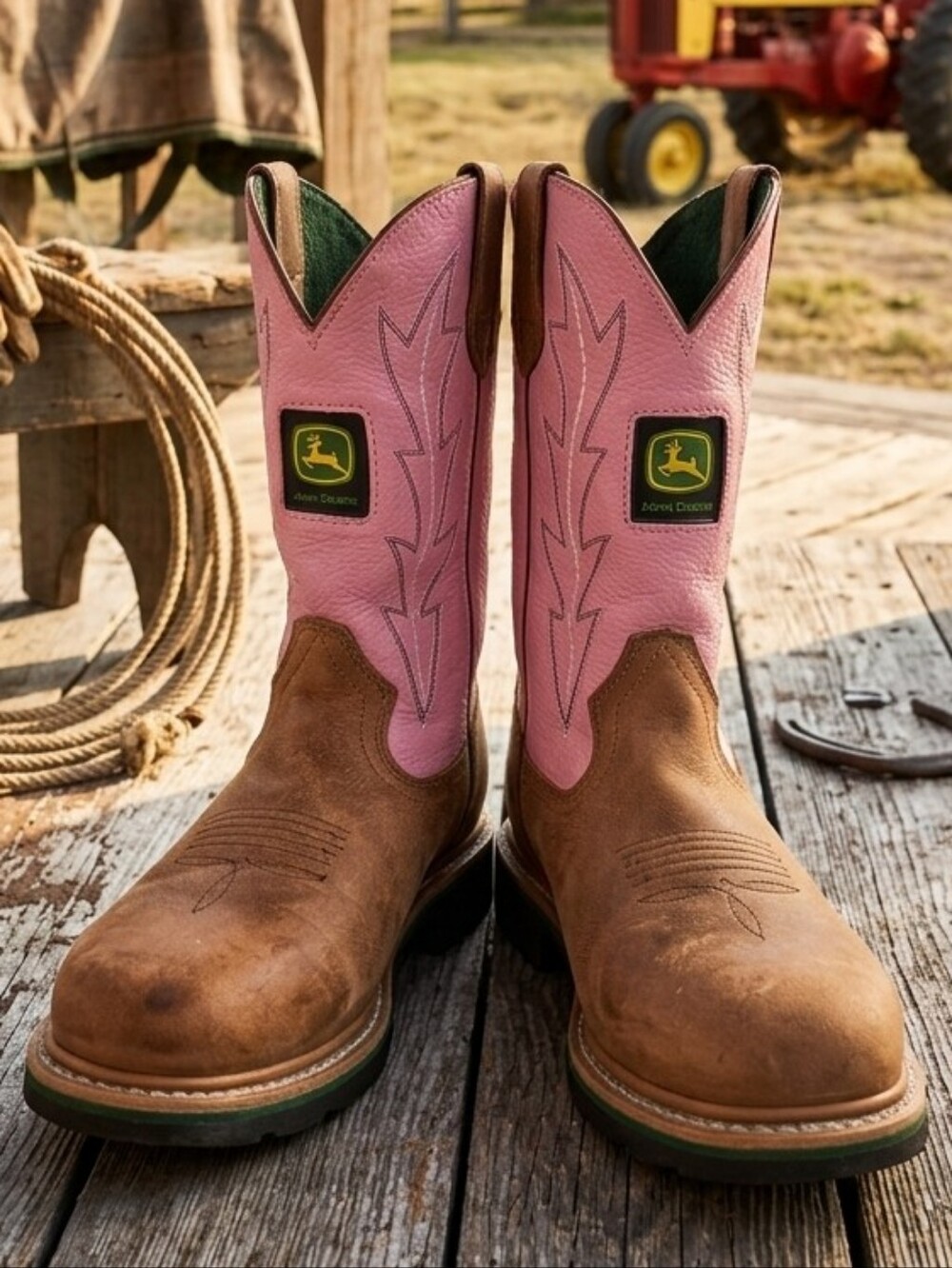John Deere Pink & Tan Leather Western Wellington Work Boots Women's Size 8M